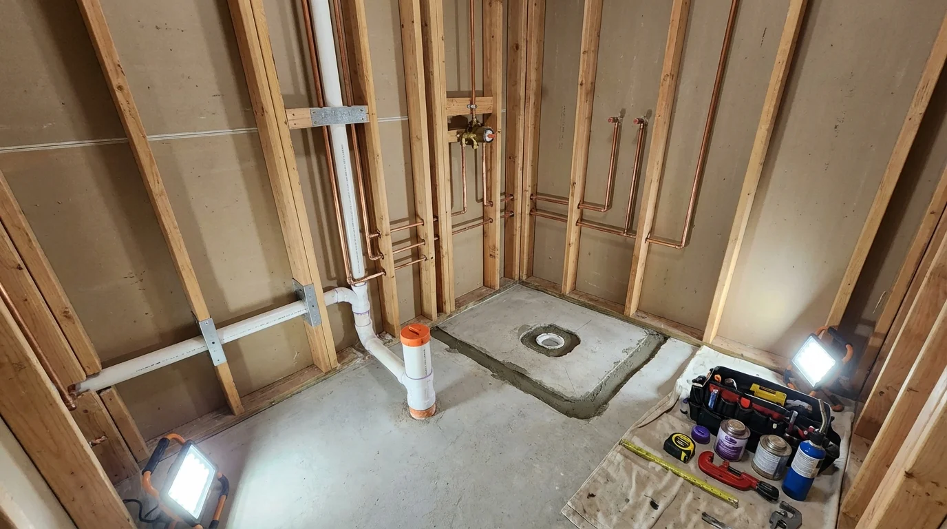 Bathroom rough-in plumbing during remodel by Johns Plumbing LLC in Conehatta