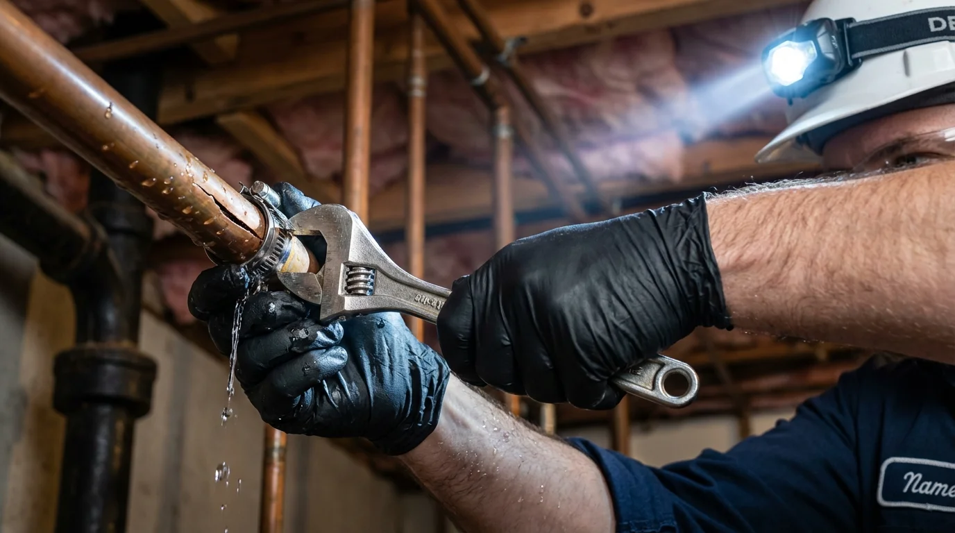 Emergency pipe clamp repair being performed by a Johns Plumbing LLC plumber in Conehatta