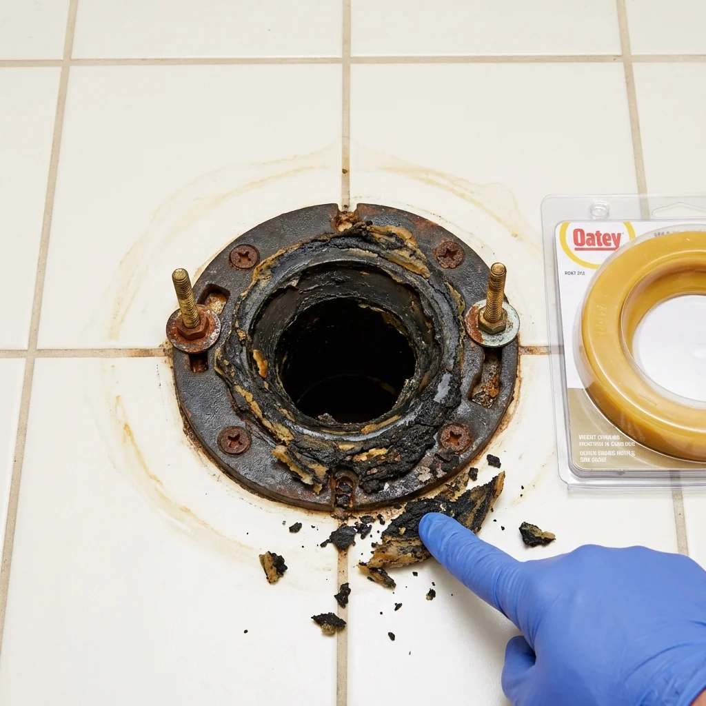 Failed wax ring showing water seepage at the base of a toilet in a Conehatta, MS home